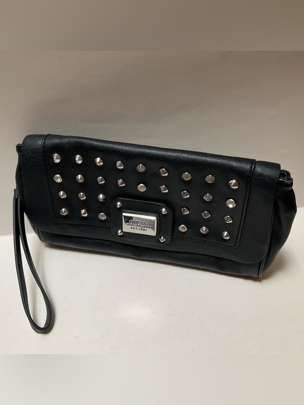 GUESS Pyramid-Studded Black Faux Leather Wristlet Clutch Studs & Rhinestones